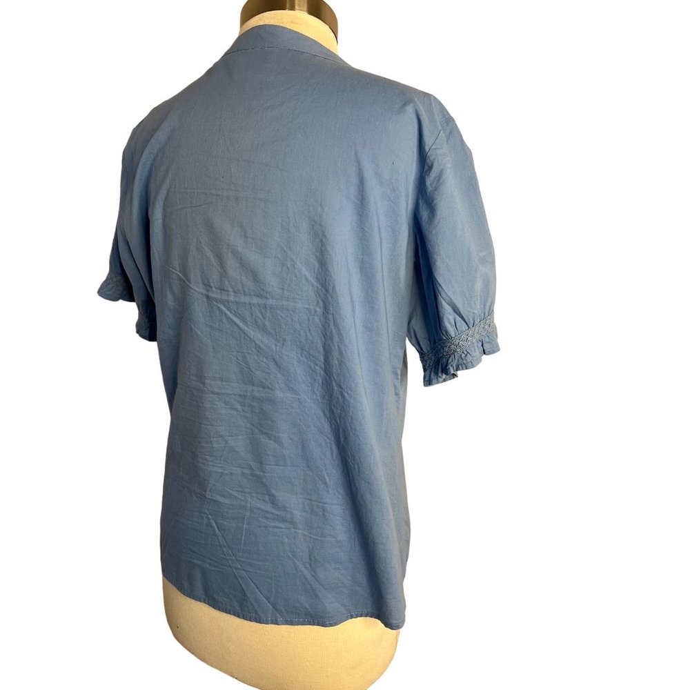 Take two clothing company blouse 14 blue short sleeve V-neck cotton button up - Picture 8 of 16